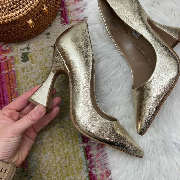 Steve Madden Gold Pointed Toe Leather Pump Heel 6.5 Cocktail Wedding Guest - Picture 2 of 11